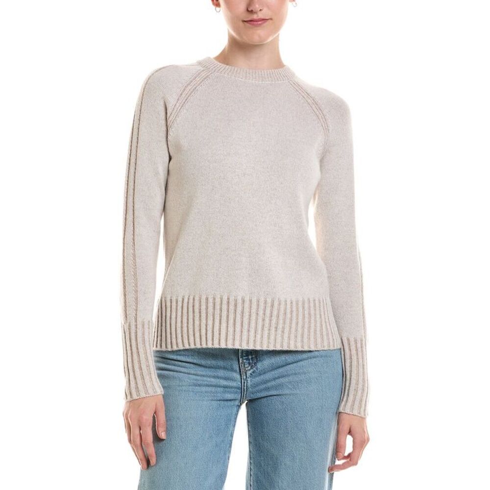 Forte Cashmere Womens Plaited Rib Trim Crewneck 100% Cashmere Sweater, Brown